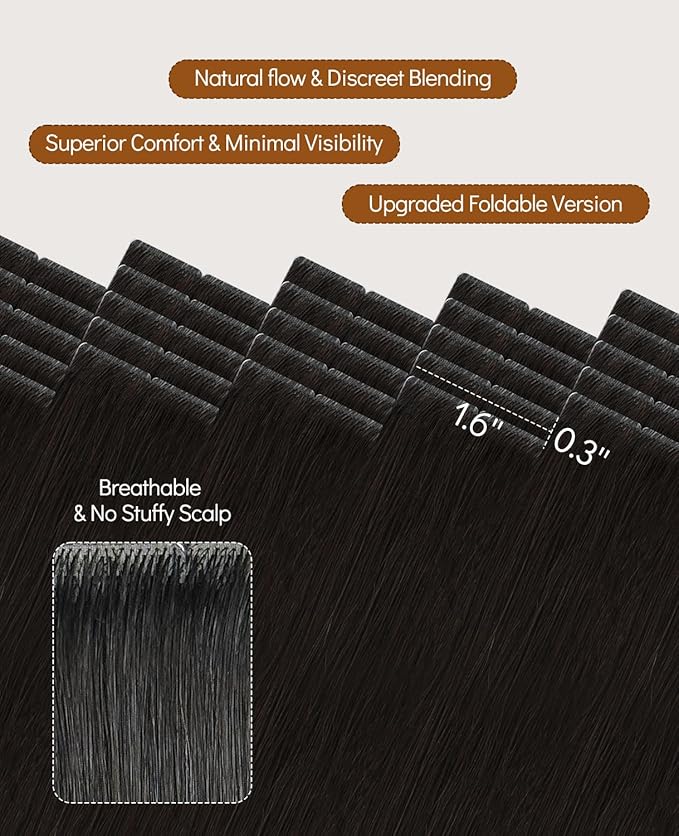 VINBAO Invisi Edge Hair Extensions Real Human Hair Tape in, Natural Black 50g 18in 20pcs Injected Tape in Extensions Pro Quality Injection Tape-ins 18inch #1B