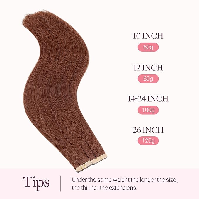 GOO GOO Tape in Hair Extensions Human Hair, #33B Dark Auburn Copper, 24inch 100g 40pcs, Skin Weft Seamless Invisible, Silky Straight with Thick Ends, Remy Human Hair