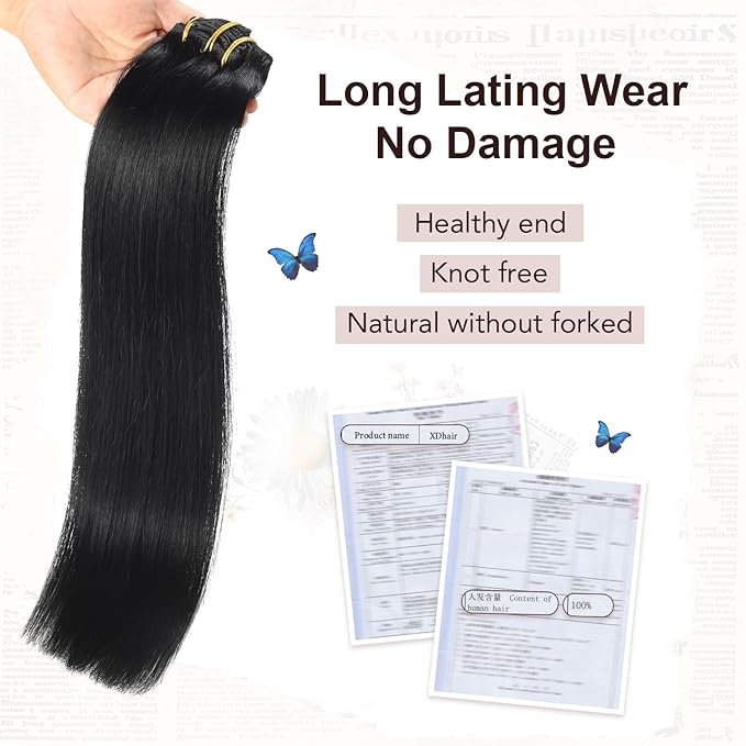 XDhair Clip in Hair Extensions Human Hair 120g 18Inch Black Clip Remy in Hair Extensions 6Pcs Straight Real Hair for Women (#1,18Inch)