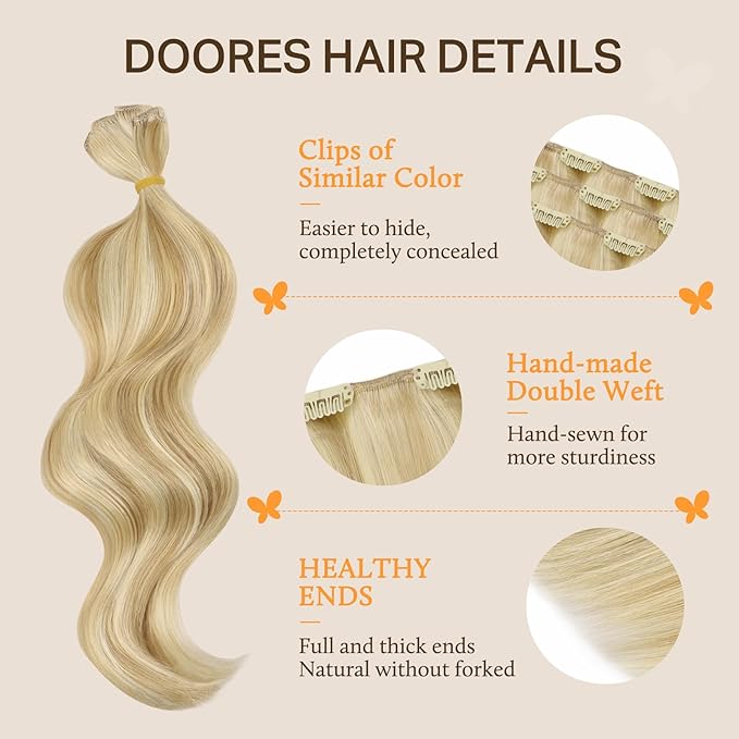 DOORES Human Hair Extensions Clip in, Dirty Blonde Highlight Golden Blonde 150g 9pcs 22 Inch Remy Natural Straight Silky