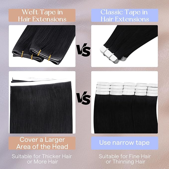 Full Shine Genius Weft Tape in Hair Extensions Color 1 Jet Black Wide Double Weft Tape in Extensions Real Human Hair Seamless Invisible PU Long Weft Hair Extensions 24Inch 50G Daily Office Look