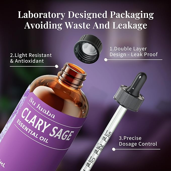 SU JUABA Clary Sage Oil Essential Oil 4 Fl Oz, 100% Pure Natural for Anxiety Relief, Skin, Hair,Diffuser, Aromatherapy -118ml