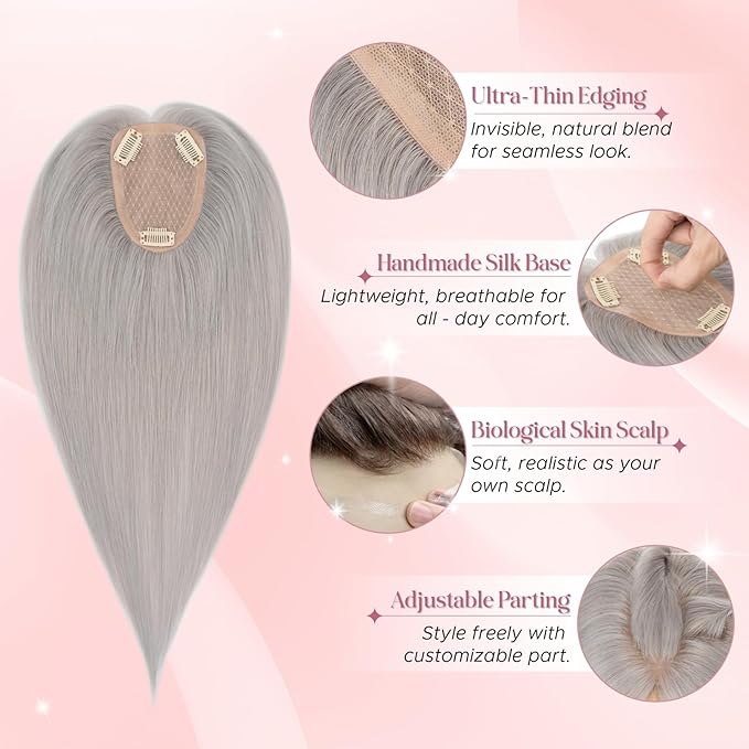 Real Human Hair Toppers for Women 3.54"*4.72" Silky Base 150% Density No Bangs Adjustable Parting Clip-In Topper Hairpieces for Women with Thinning Hair 10 Inches Silver Grey