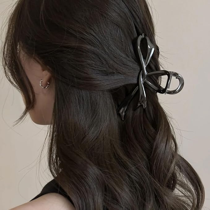 Black Ribbon Bow Metal Hair Clips Claw, 1Pcs 4.52Inch Hair Claw Clips for Thin Thick Hair Accessories Alloy Elegant Non-Slip Strong Hold Grip Hair Jaw Clip(Black Ribbon)