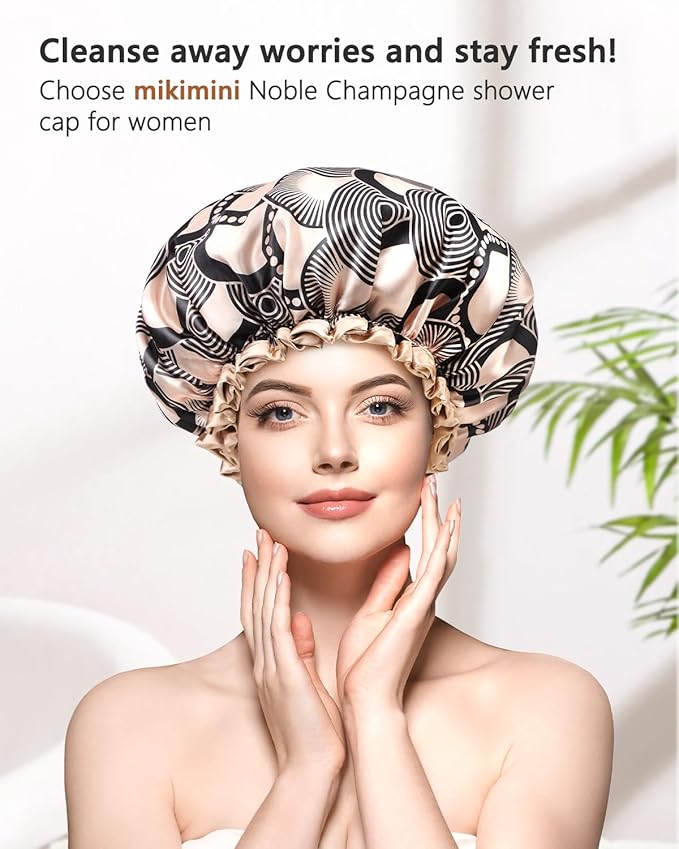 mikimini Medium Shower cap for Women and Girls,Champagne Shower Caps with Lace, Pack of 2,Double Layer Waterproof, Reusable, Washable, High-quality