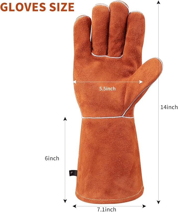 Welding Gloves Fire Heat Resistant 14IN Fireproof Leather for Welding Fire Pit Wood Stove Campfire Furnace BBQ Baking,Grill Oven Stick Mig Tig Gear Gift for Man L