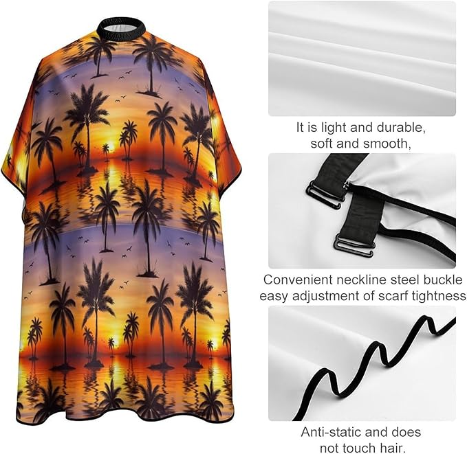 Men Tropical Sunset Coconut Palm Tree Salon Gown Cape, Full Coverage Haircut Hairdressing Cloth Apron for Hairstylists, Barber Aceessories