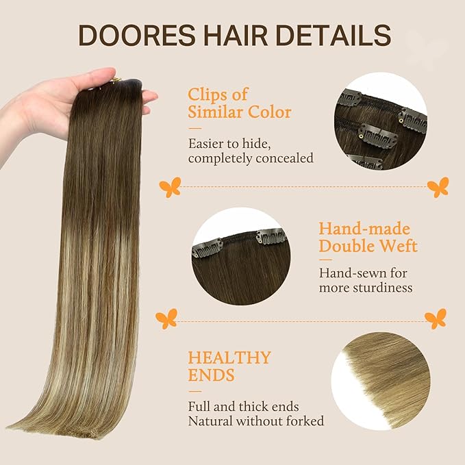 DOORES Hair Extensions Clip Ins Human Hair Extensions, 5pc 75g 16 Inch Balayage Walnut Brown to Ash Brown and Bleach Blonde Clip in Hair Extensions Real Human Hair Natural Straight