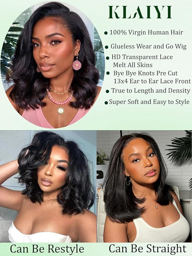 KLAIYI Light Yaki Straight Bob Loose Wave Pre Everything 13x4 Lace Front Wigs Human Hair Precut Lace Pre Plucked Bleached Glueless Wear and Go Wigs for Women Bye Bye Knots Wig Beginner Friendly 12Inch