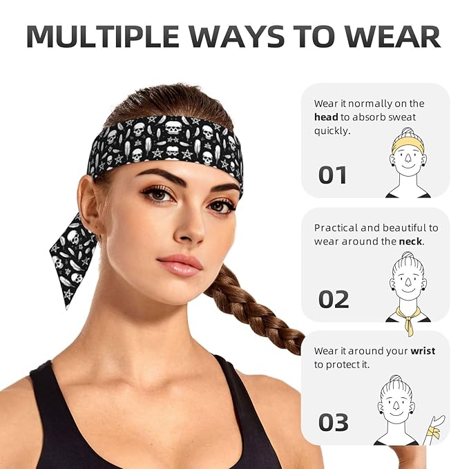 Men Women Fashion Sports Sweat Band Hair Accessories for Sports Workout Shower, Long Multifunction Goth Raven Crow Skull Moon Star Gothic Witch Magic Spirit Board Head Ribbon Headwear