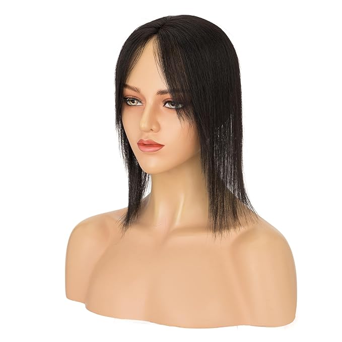 Hairro Human Hair Toppers with Side Bangs, 3D 360° Seamless Real Hair Toppers, Hand-Tied with 3.5"x4.7" U-shaped Base, Clip-In Hairpieces to Add Volume on Top, 12 Inch Natural Black