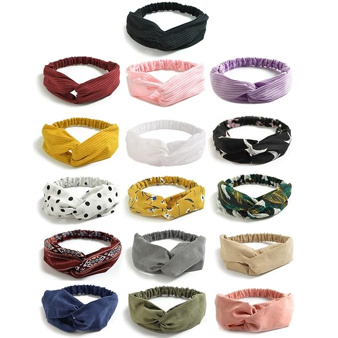 DRESHOW 16 Pack Turban Headbands for Women Elastic Back Twisted Hair Bands Face Vintage Cross Head Wrap Hair Accessories