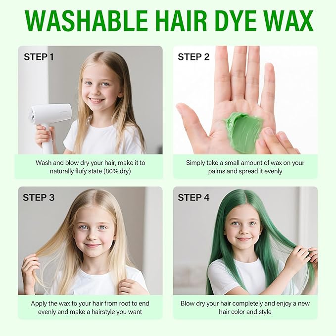 Green Hair Wax, Temporary Hair Color Wax, Nourishing & Washable Hair Color for Kids, Women and Men 2.12 Oz.