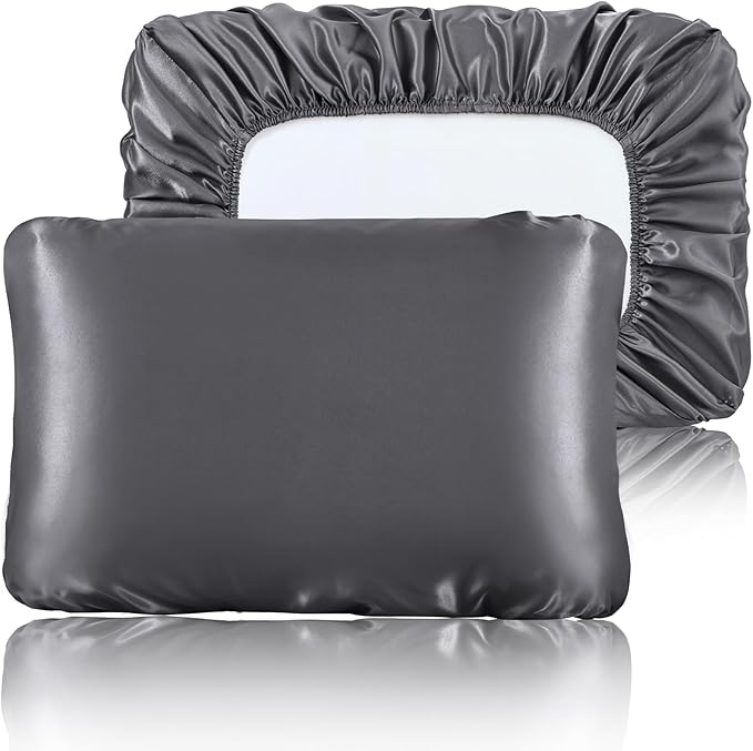SiinvdaBZX Dark Grey Satin Pillowcase Standard/Queen Size Set of 2, Silky Travel Elastic Band Satin Pillow Case for Hair and Skin, Soft Portable & Fit for Various Pillow