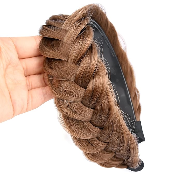 DIGUAN Wide Messy Braided Headband With Teeth Synthetic Hair Plaited Headband High Elasticity Braids Chunky Fishtail Braided Hair Band Hairpiece for Girls Women (Medium Brown)