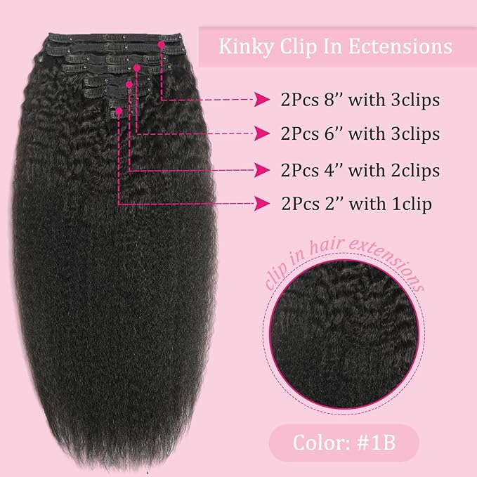 18 Inch Clip in Human Hair Extensions 110g 8Pcs with 18Clips Clip in Extensions for Black Women Natural Black Brazilian Human Hair Double Weft Kinky Straight Clip Ins（1B Color）