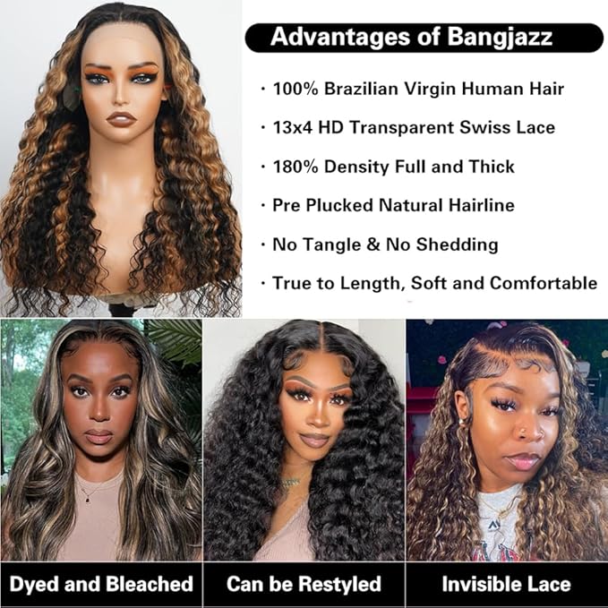 bangjazz 1b/27 Deep Wave Lace Front Wigs Human Hair 180% Density 22 Inch HD Lace Frontal Glueless Wigs Human Hair Pre Plucked Pre Cut Wigs for Black Women Glueless Highlight Ombre Colored