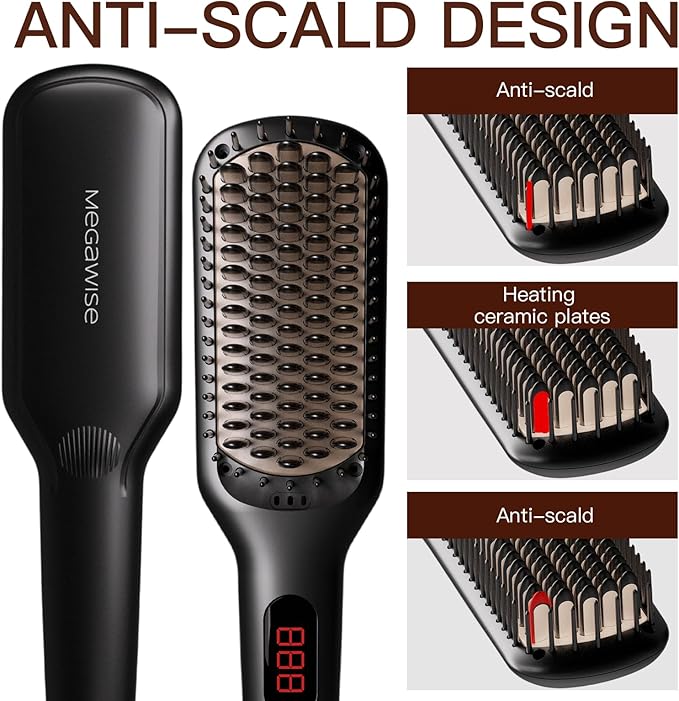 MEGAWISE Pro Ceramic Ionic Hair Straightener Brush for Home Salon | MCH Fast 20s Heating Tech with Auto-Off Safety | Anti-Scald with Universal Dual Voltage | Rotatable Power Cord (Black)