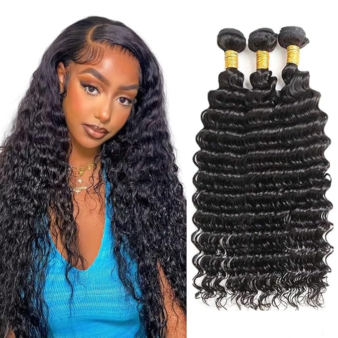 Deep Wave Bundles Human Hair Natural Black Bundles Niegmeag Unprocessed Brazilian Virgin Remy Hair 3 Bundles 22 24 26 Inch Double Weft Soft and Silky Color 1B Deep Wave Bundle Hair Weave