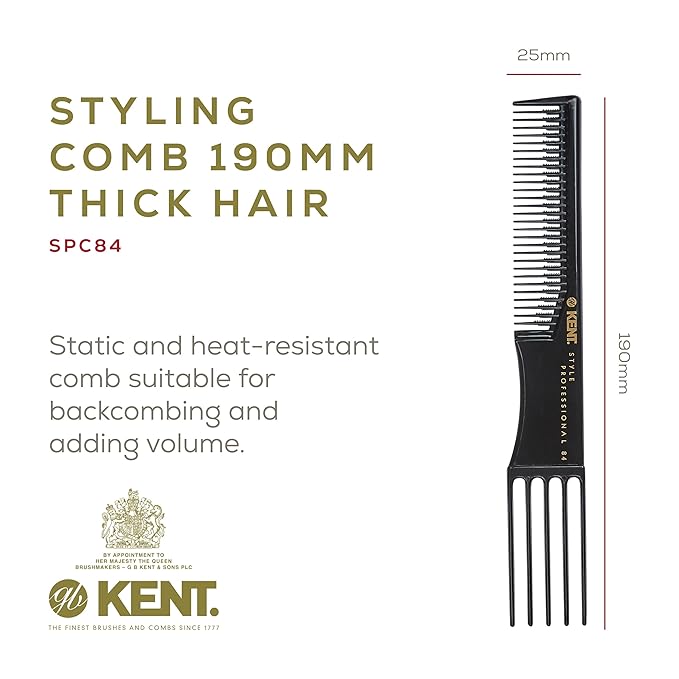 Kent SPC84 Hair Pick Comb for Curly, and Thick Hair – Professional Antistatic Heat-Resistant Prong Fork for Volume and Lift – Barber Teasing Comb for Natural Styling and Maintenance
