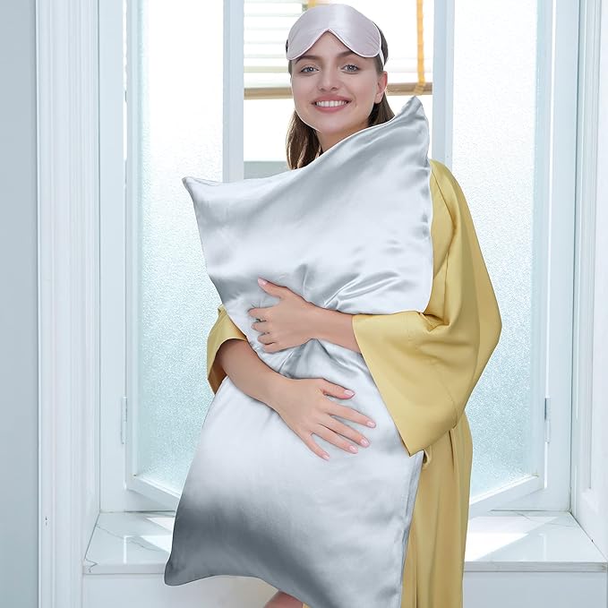 J JIMOO 100% Pure Mulberry Silk Pillowcase for Hair and Skin, Both Sides 19 Momme Pure Natural Silk Pillowcases Soft Breathable Standard 20''×26'', Silver Grey 1 Pack