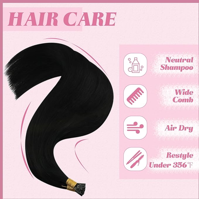 YoungSee I Tips Hair Extensions Human Hair Black Itip Hair Extensions Real Human Hair Jet Black 14 Inch 50g I Tip Hair Extension for Short Hair Easy to Wear 80s Remy Human Hair