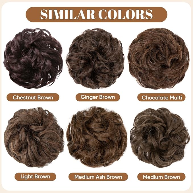CJL HAIR Large Messy Bun Hair Piece Wavy Curly Scrunchies Synthetic Chignon Ponytail Hair Extensions Thick Updo Hairpieces for Women Chocolate Multi