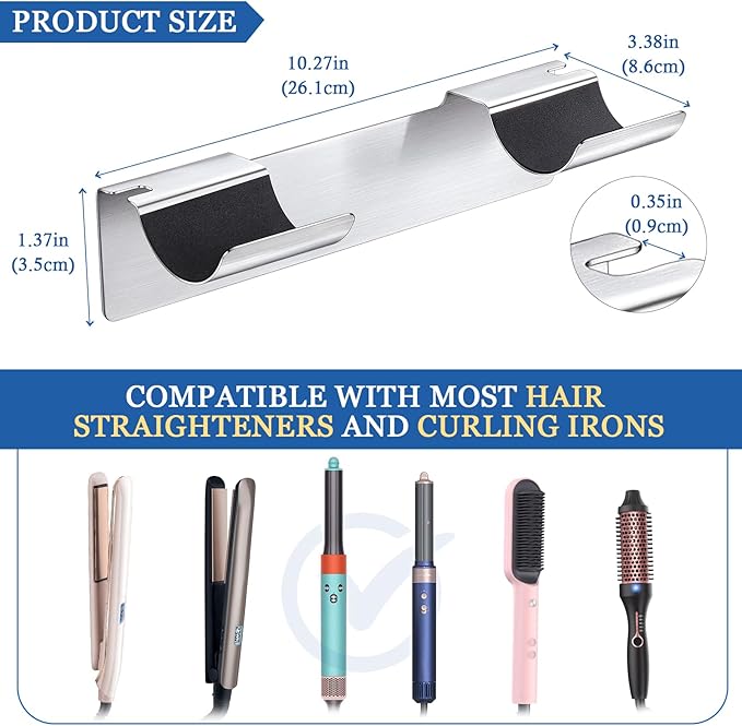 2 PCS Wall Mount Curling Iron Holder and Hair Tool Organizer with Adhesive, Multifunctional Hot Flat Iron and Hair Straightener Holder Storage Stand for Vanity, Cabinet and Wall, Silver