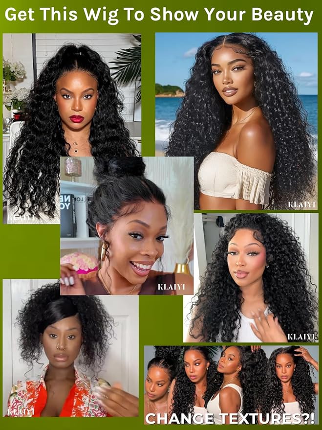 KLAIYI Water Wave Pre Cut 360 Full Lace Frontal Glueless Wig Human Hair Drawstring Pre Plucked Bleached Bye Bye Knots Pre Everything Ready to Wear And Go Curly Beginner Wig with Baby Hair 180% 22Inch
