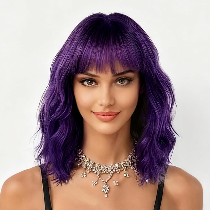 Nnzes Wig Bangs Natural Purple Short Wavy Hair for Women Natural Looking Heat Resistant Bob Wigs with Synthetic Wig for Daily Party Use