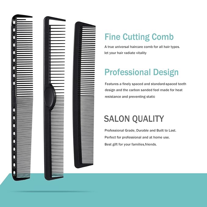 6 Pieces Carbon Fiber Hair Combs Set, General Styling Grooming Combs, Anti Static Heat Resistant Hairdressing Comb, Fine and Wide Tooth Hair Barber Rat Tail Comb