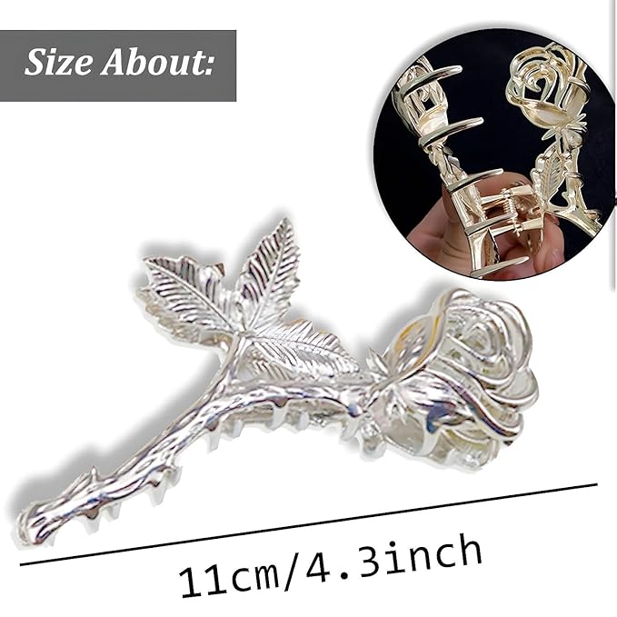 Elegant Rose Metal Non-Slip Hair Claw Clips for Thin and Thick Hair - Fashionable Flower Hair Accessories for Women and Girls (Silver Rose)