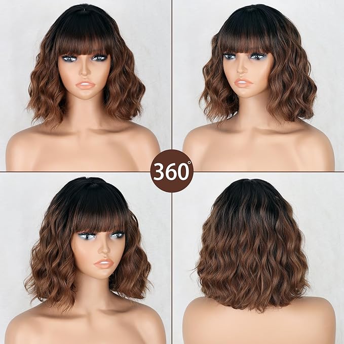 MISSQUEEN Short Brown Wig with Bangs for Women Shoulder Length Bob Curly Women's Charming Synthetic Black to Brown Wigs Natural Wavy Heat Resistant Hair for Daily Party Use