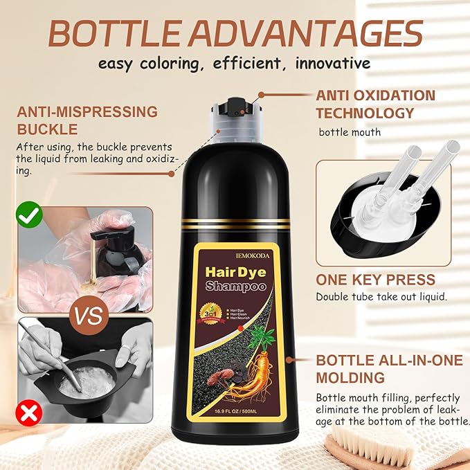 Instant Black Hair Dye Shampoo for 100% Gray Hair Coverage, Natural Herbal Hair Color Shampoo Hair Dye, 3 in 1 Coloring & Care Formula Lasts 3-4 Weeks, Easy & Quick to Use for Women Men, 500ML