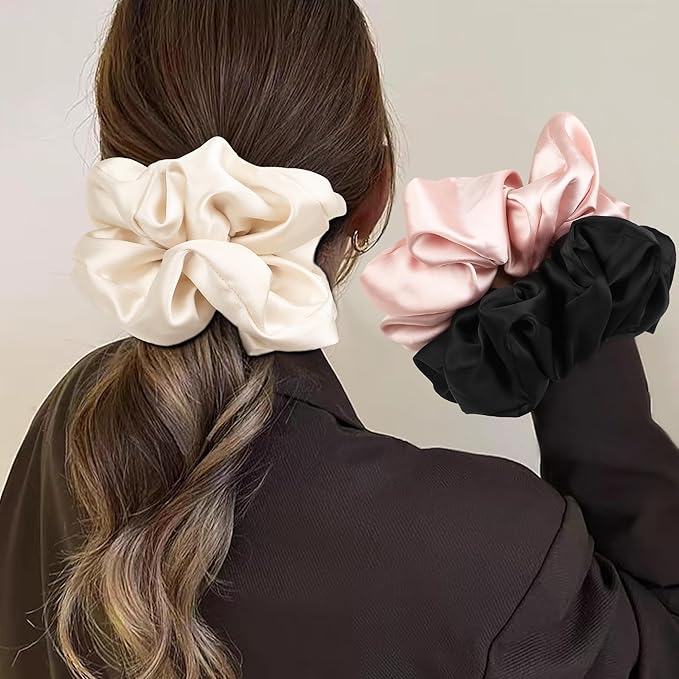 3 Pcs Large Silk Satin Scrunchies - Extra Big, Both for Thick or Thin Hair, No Crease Jumbo Ponytail Holder, No Hurt Your Hair for Sleep