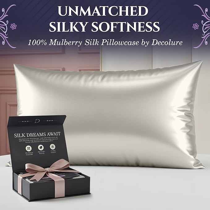 DECOLURE 100% Pure Mulberry Silk Pillow Case Standard Size – Highest Grade 30 Momme 6A+, Luxuriously Soft & Cooling Silk Pillowcase for Hair & Skin, Hypoallergenic, Breathable, Hidden Zipper (Ivory)