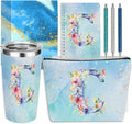 Personalized Gifts Monogrammed Birthday Gifts for Women, Cowerker Wife Sister Wedding Christmas Initial 20 oz Tumbler, Makeup Bag Cup Ballpoint Pens Journal Notebook 6 Set, (Aesthetic Blue Flower C)