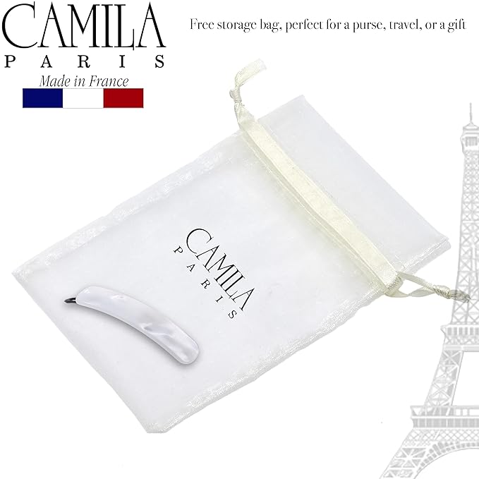 Camila Paris CP3361 French Hair Barrette Clip for Girls, Handmade, White, Metal-Free Closure Strong Hold Grip Hair Clips for Women, No Slip and Durable Styling Girls Hair Accessories, Made in France