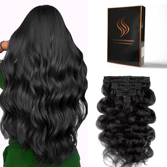 Clip in Hair Extensions Real Human Hair Body Wave 1 Jet Black Clip in 100% Brazilian Remy Human Hair Extensions 8pcs Per Set with 18 Clips Double Weft 20 Inch 105g/3.6oz