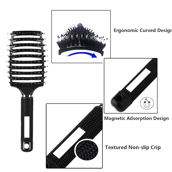 Hair Brush, 2 Pack Boar Bristle, Vented, Curved, Fast Blow Drying, Detangling, Shine & Smooth, All Hair Types, Unisex, Pink & Black