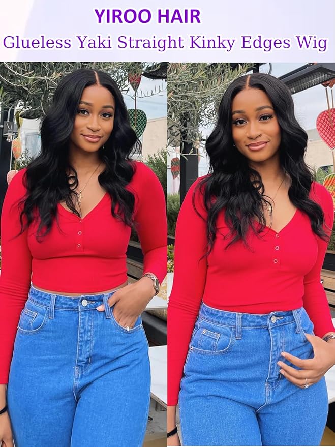 YIROO Bye Bye Knots Glueless Wig Yaki Straight Pre Cut 7x5 HD Lace Front Wig Human Hair Put On and Go Pre Everything Wig with Baby Hair Pre Bleached Invisible Knots 180% Density Easy to Wear 22inch