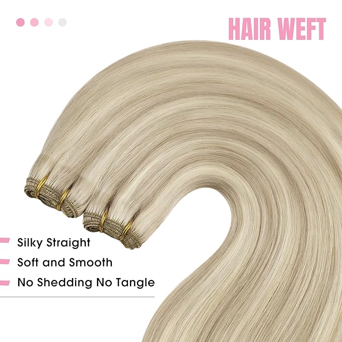 YoungSee Human Hair Sew in Extensions Blonde Highlights Sew in Hair Extensions Real Human Hair Warm Ash Blond Highlights Bleach Blonde Hand Tied Weft Hair Extensions Human Hair 100G 24Inch