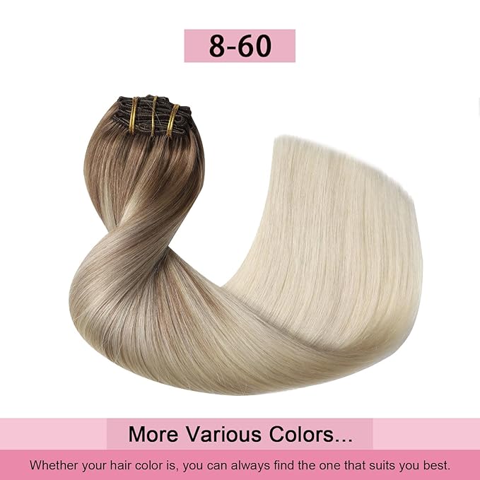 Pro2.0 Clip in Hair Extensions Real Human Hair 120g Thick 7pcs Color #8/60 Ash Brown to Platinum Blonde Remy Real Human Hair Extensions Clip ins 14inch Double Weft（#8/60-14inch）