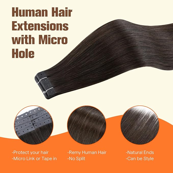 Full Shine Tape in Hair Extensions Color 2 Dark Brown 20PCS Tape Extensions Human Hair 50G 22INCH Invisible Seamless Skin Weft for Women Soft Remy Hair Extensions No Glue No Clips