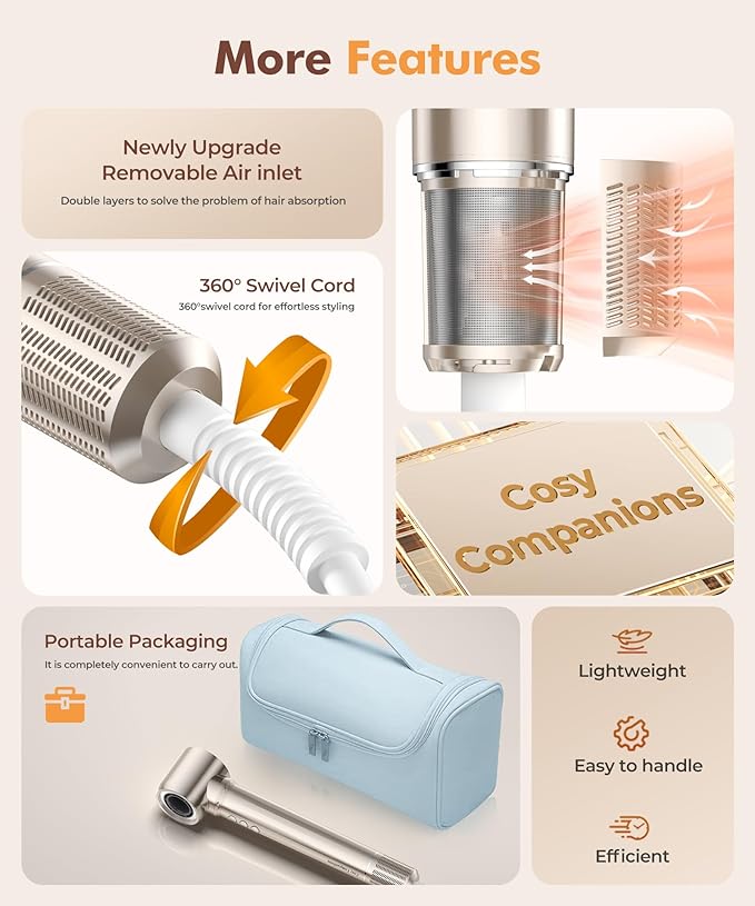 Cosy Companions 6 in-1 Hair Dryer Brush, 150,000 RPM High-Speed Negative Ionic, Blow Dryer Brush for Fast Drying, Hot Air Brush for Curling/Volumizing/Straightening with Travel Bag, Gold