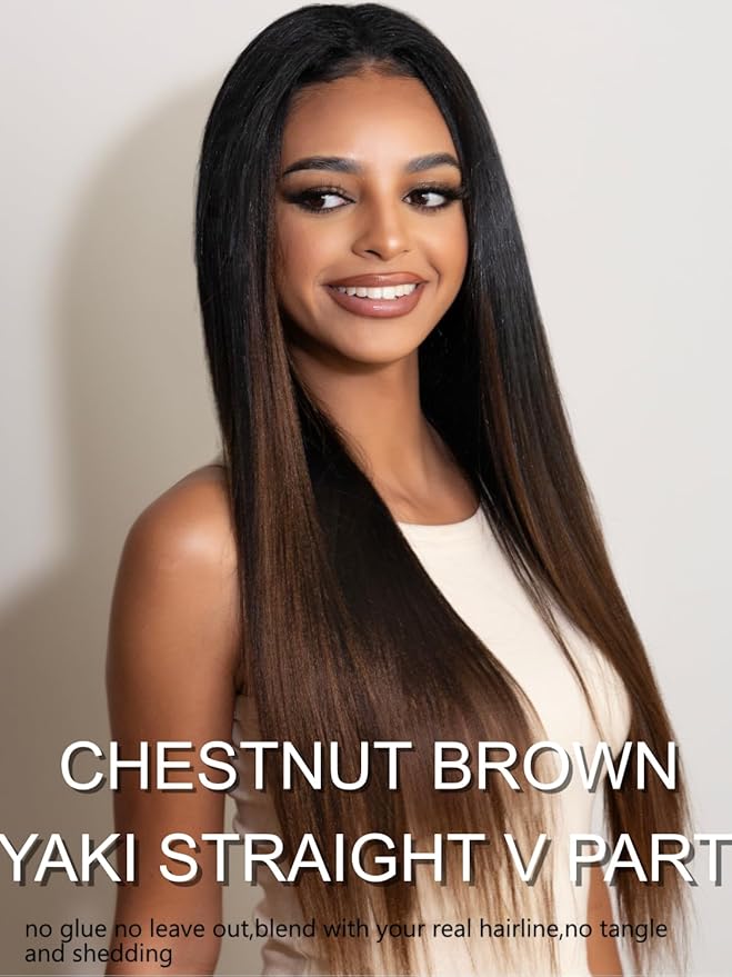YIROO V Part Wig Human Hair No Leave Out Ombre Chestnut Brown Yaki Straight Glueless Human Hair Wig Upgrade U Part Wigs for Women V Shape Clip in Half Wig No Glue No Sew in Beginner Wig 20inch
