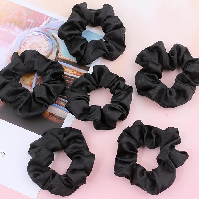 IVARYSS Scrunchies for Hair Sleep, Premium Satin Soft Than Silk for Women Curly Hair, Cute Bands Ties for Girls Thin | Thick Hair Styling, 12 Pack, Black