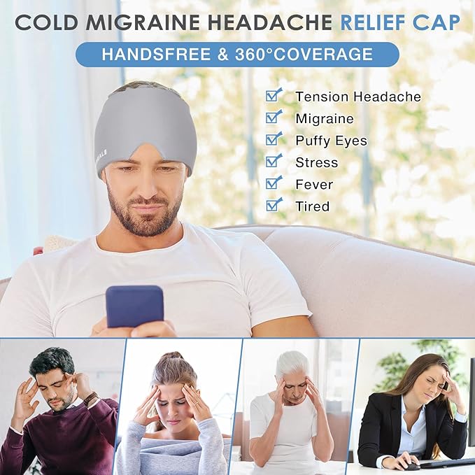 Cold Head Hat – Cooling Ice Cap Ice Pack Mask with Flexible Hot and Cold - Grey