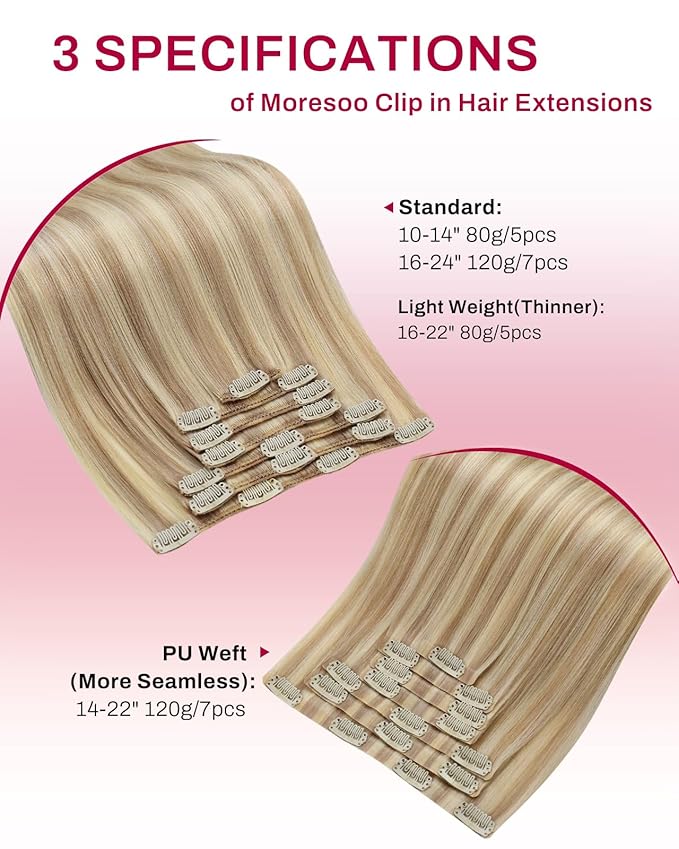 Moresoo Blonde Clip in Hair Extensions Remy Human Hair Golden Blonde Mixed with Medium Blonde to Add Highlights Real Human Hair Extensions Clip ins Invisible Double Weft for Women Short 80g/5pcs 12in