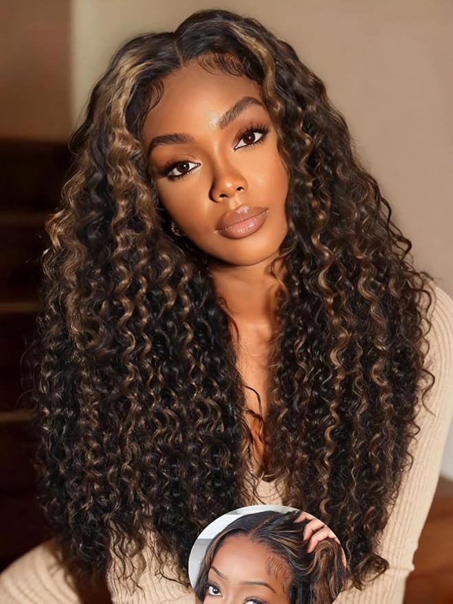 Julia Hair Golden Brown Highlight Water Wave and Jerry Curly Wig Mixed Curls 13X4 Lace Front Pre Everything Wigs Glueless Human Hair Lace Frontal with Invisi Drawstring Ready to Go 26 Inch